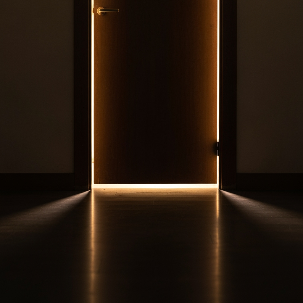 Wooden door slightly ajar with golden light streaming through, symbolizing hidden opportunity and possibility