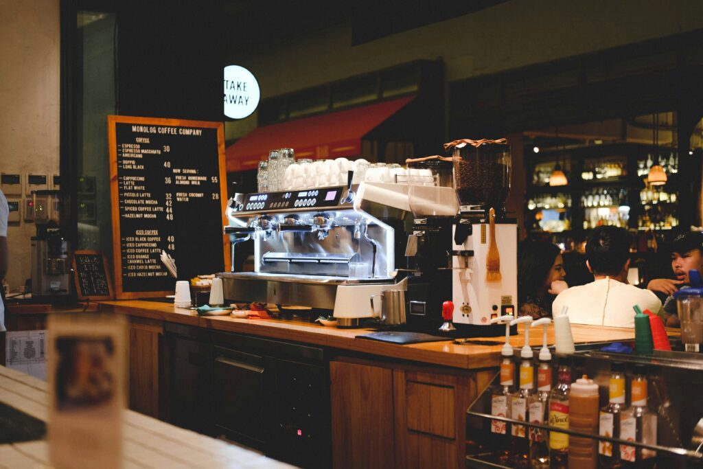 espresso machine at the espresso bar at a coffee house